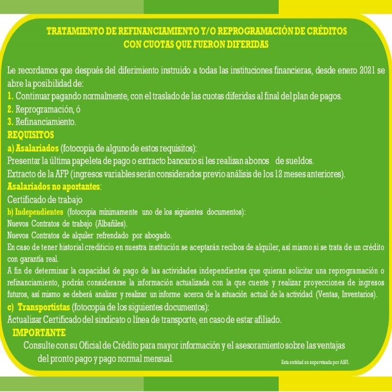 Requisitos para el tratamiento de refinanciamiento y/o reprogramación de créditos con cuotas que fueron diferidas 3